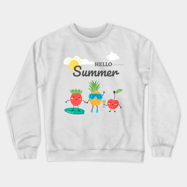 Hello Summer Cool design for summertime. Strawberry, cherry, pineapple with a beach landscape Crewneck Sweatshirt by SweetMay